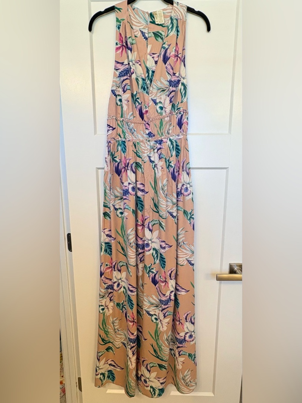 Japna Peach Floral Maxi Dress with Purple & Green Print